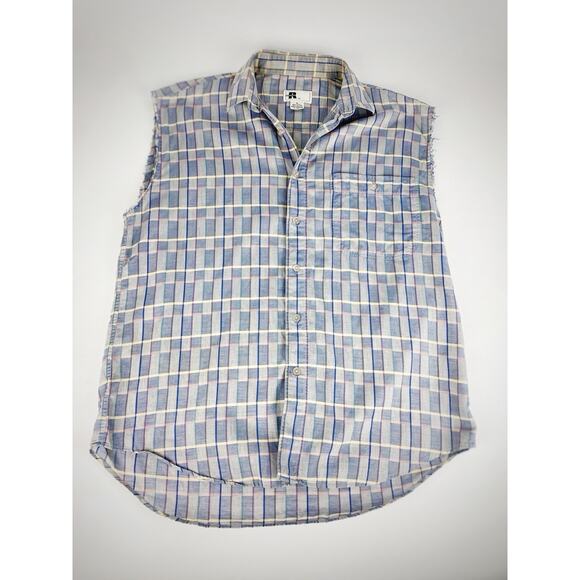 VTG ReUnion Button Up Striped Checkered Shirt Cut Off Sleeves Sz S Single Stitch - Picture 7 of 9